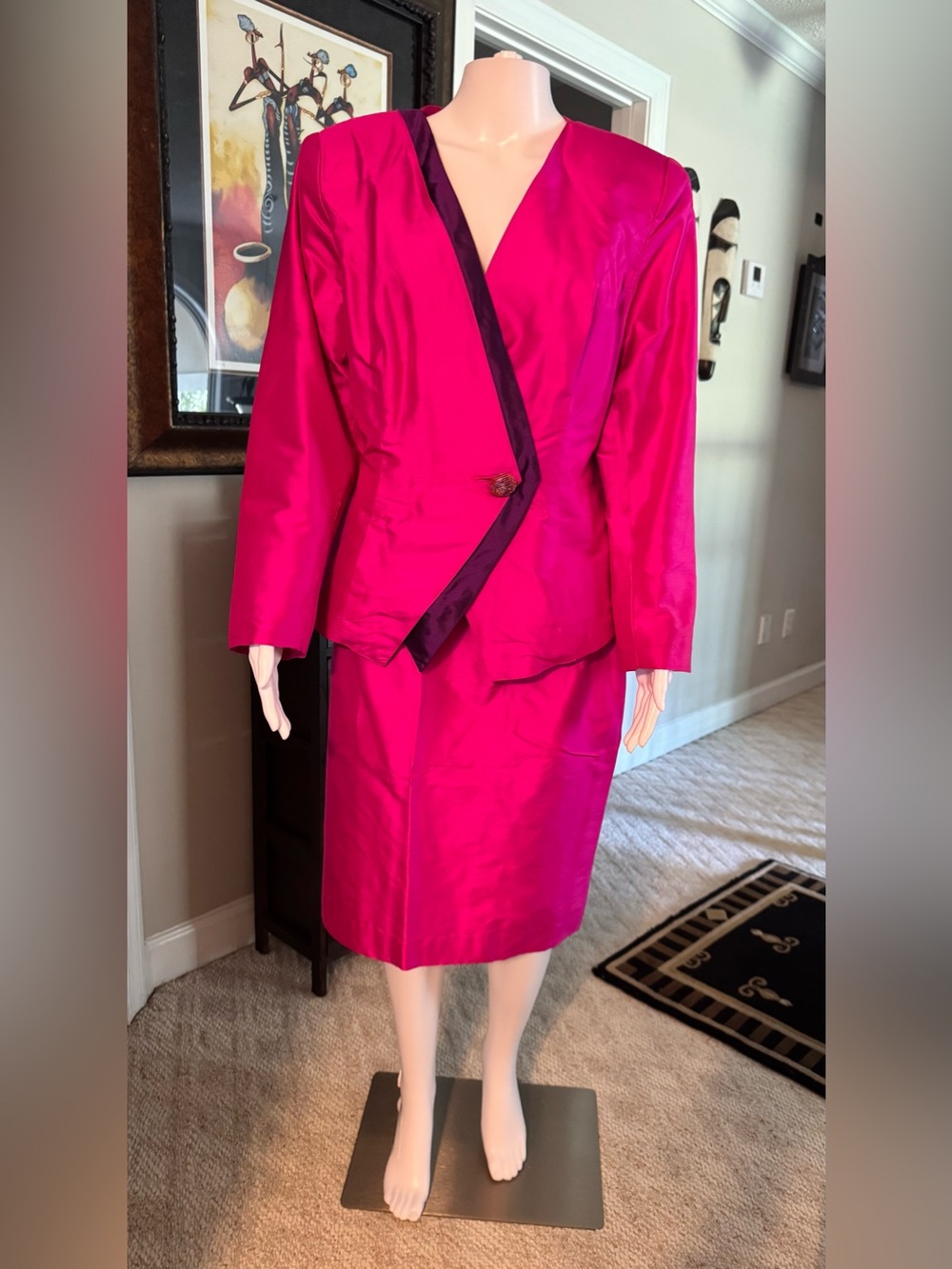 Hot Pink Satin Two-Piece Blazer & Skirt Suit